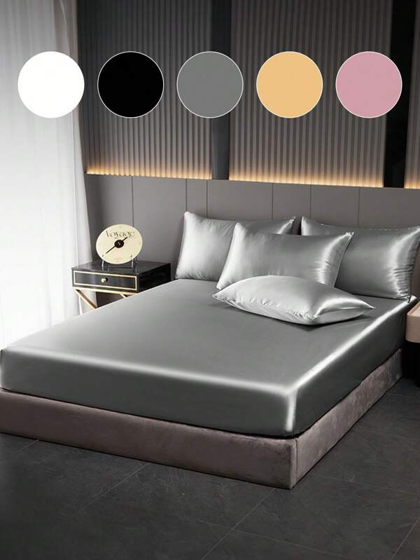 1pc Satin Fitted Sheet, Bedding, Bed Sheets, Bed Cover, Silk Fitted Mattress Cover, Soft And Comfortable Bedding For Bedroom, For Queen King Twin Full Size Without Filler, 9 Inches Deep Pocket, Cooling Breathable, Summer Essential, Bedding Sheet Only
